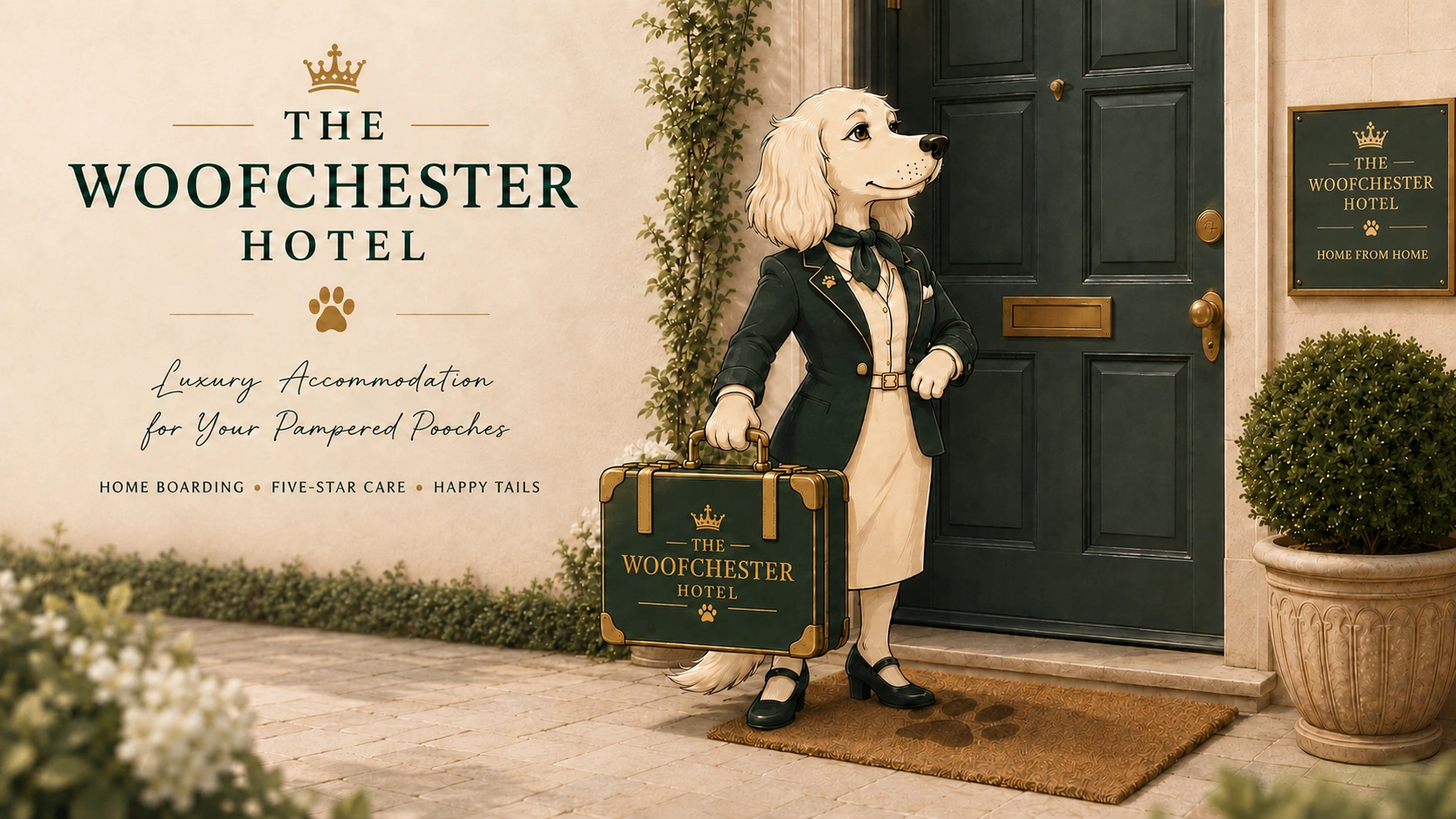 Miss Woofchester outside the front door of The Woofchester Hotel